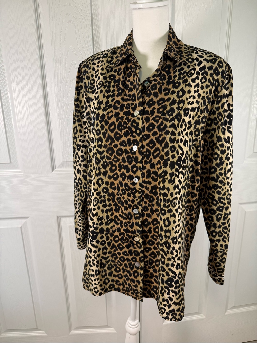 Vintage Leopard Print Blouse Oversized Button Down Long Sleeve Retro Boho Size 8